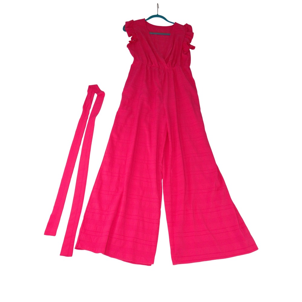 SHEIN Hot Pink Textured Wide Leg Jumpsuit Ruffle Sleeve Elastic Waist Large 3860